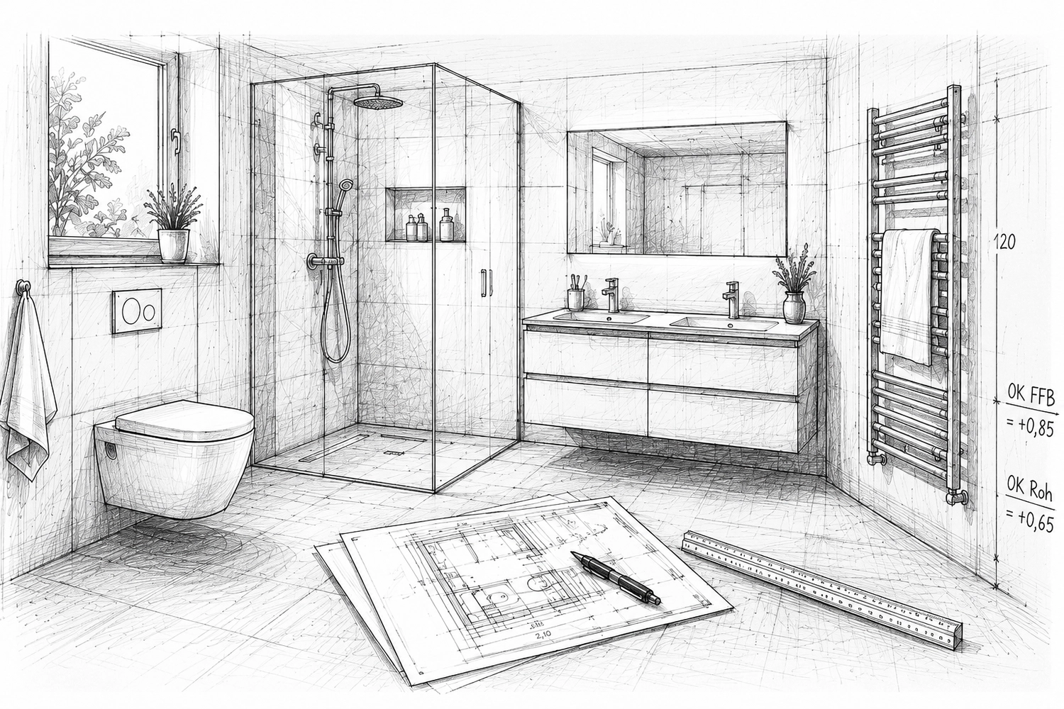 Zaiat SHK – Sanitär-, Heizungs-, Klima- und Lüftungstechnik – Eine Schwarz-Weiß-Skizze eines modernen Badezimmers mit einer Glasdusche und einem schwebenden Waschtisch, vor dem architektonische Grundrisse, ein Stift und ein Lineal liegen.