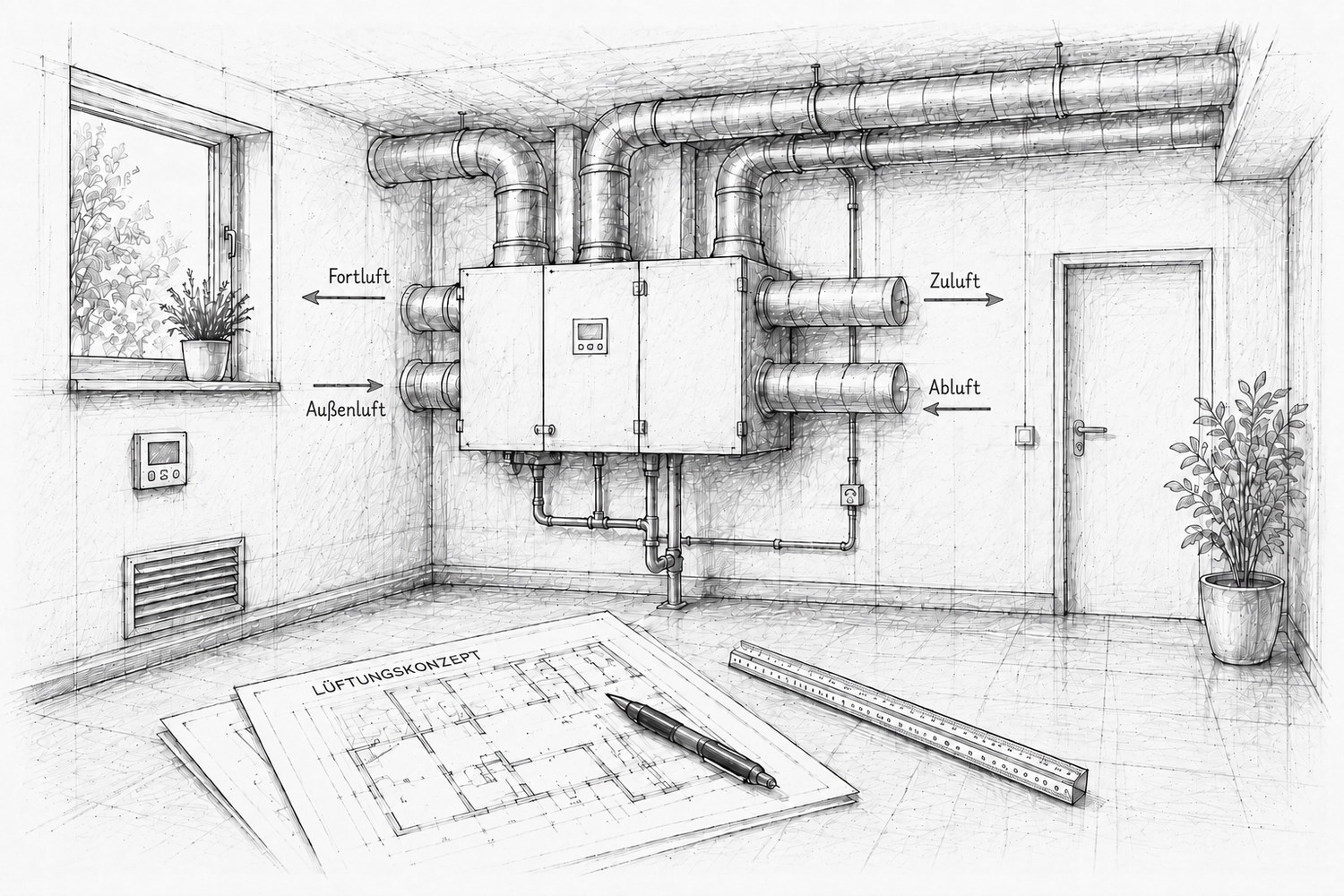 Zaiat SHK – Sanitär-, Heizungs-, Klima- und Lüftungstechnik – Eine technische Skizze einer Lüftungsanlage mit beschrifteten Kanälen für Abluft, Zuluft, Ansaugluft und Abzugsluft, mit Grundrissen mit der Aufschrift „LÜFTUNGSKONZEPT“ sowie einem Stift und einem Lineal, die vorne auf dem Boden liegen.
